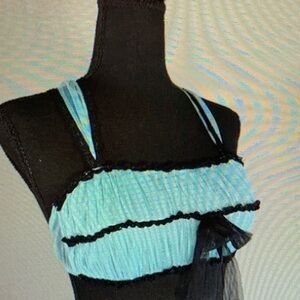 Fredericks Of Hollywood Light Blue With Black Lace Bow Sheer Y2K No Size